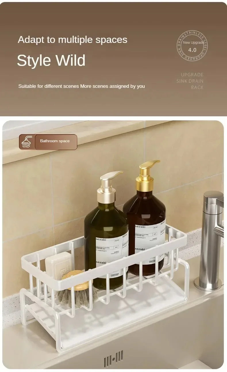 Sink Drain Storage Rack with Hooks – Adhesive Kitchen Organizer