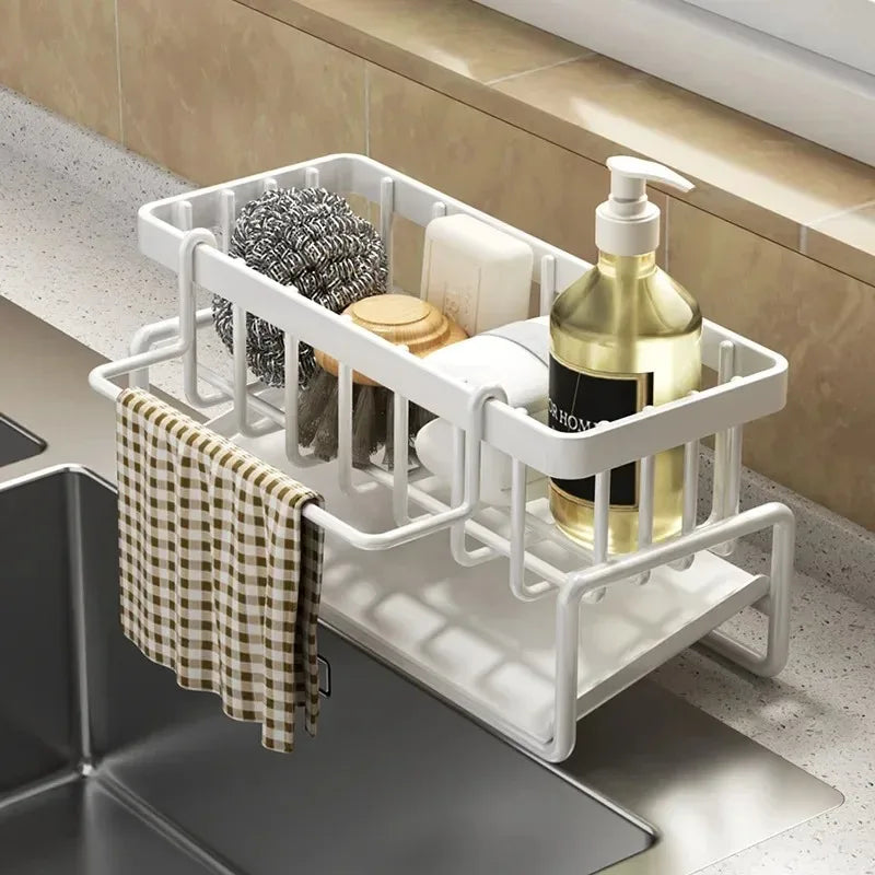 Sink Drain Storage Rack with Hooks – Adhesive Kitchen Organizer