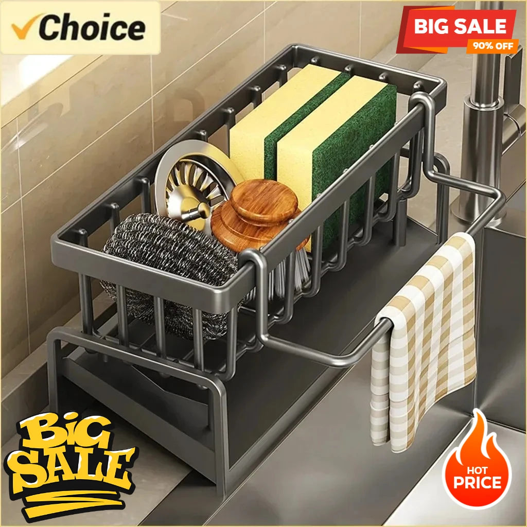 Sink Drain Storage Rack with Hooks – Adhesive Kitchen Organizer